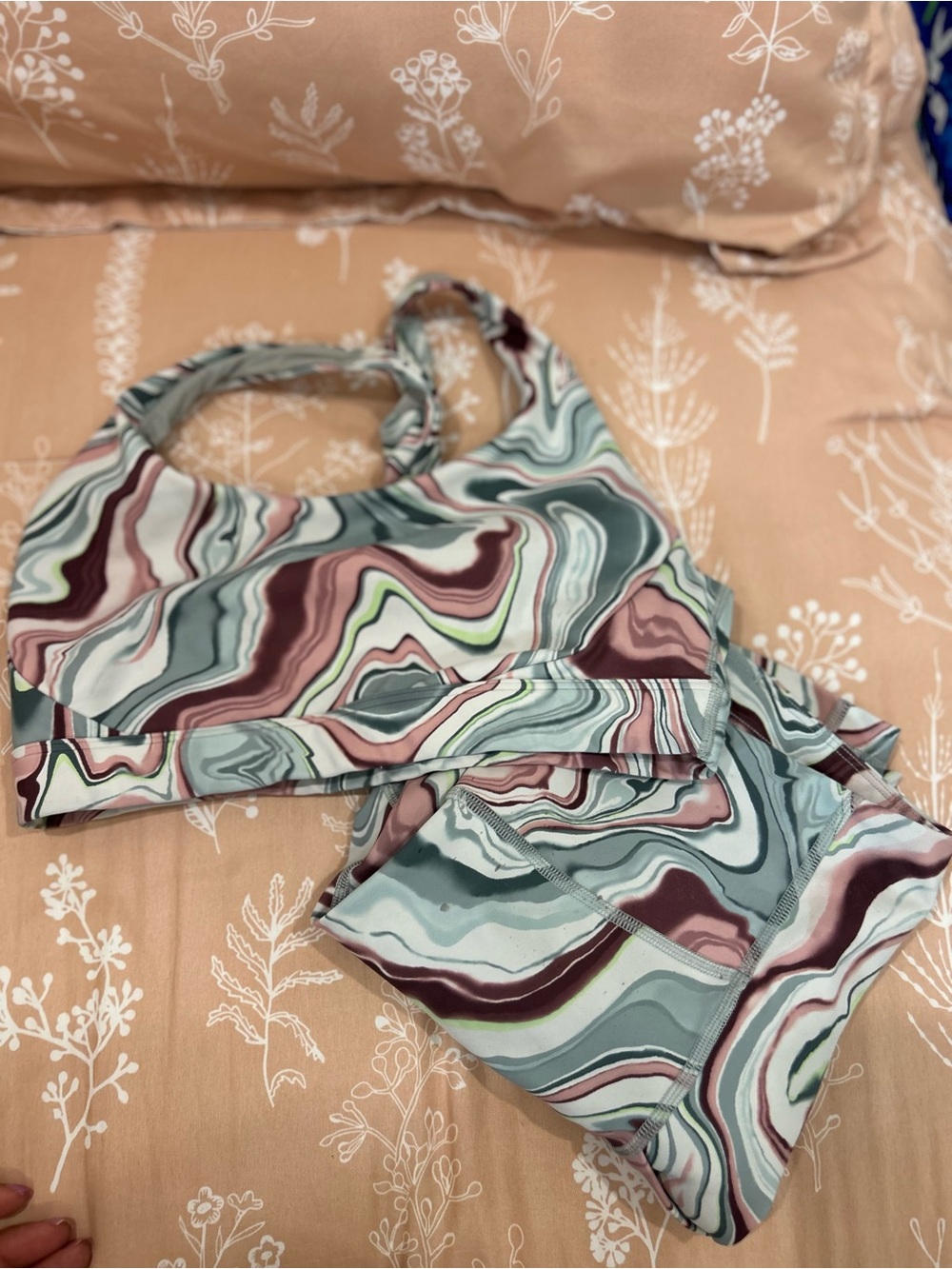 Athleta Women's Marble-Print Sports Bra in Sage and Mauve set